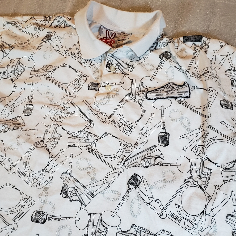 Vintage Streetwear Men's 3XL Polo Shirt  DJ Turntable Microphone Sneakers Flaws